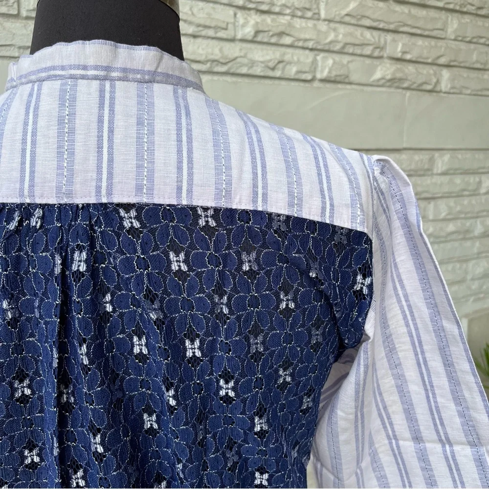 Blue White Striped Half Sleeves Shirt with lace panel at back - Picture 5 of 5